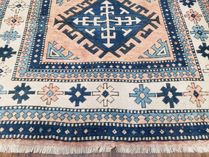Turkish Kazak Rug 5x8 ft, Bold Geometric Bohemian Carpet, Blue and Ivory Hand Knotted Area Rug, Medium Sized High Quality Wool Oriental Rug