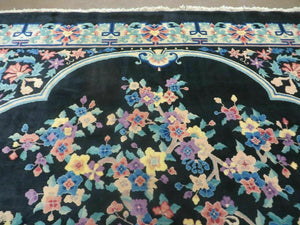 Black Chinese Wool Rug 8x10, Art Deco Floral Carpet, Soft Plush Pile