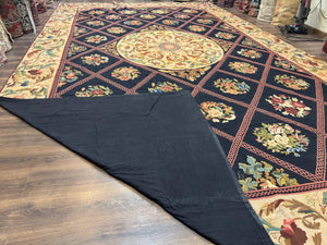 Palace Size Needlepoint Rug 12x20, European French English Aubusson Floral Design, Black and Beige