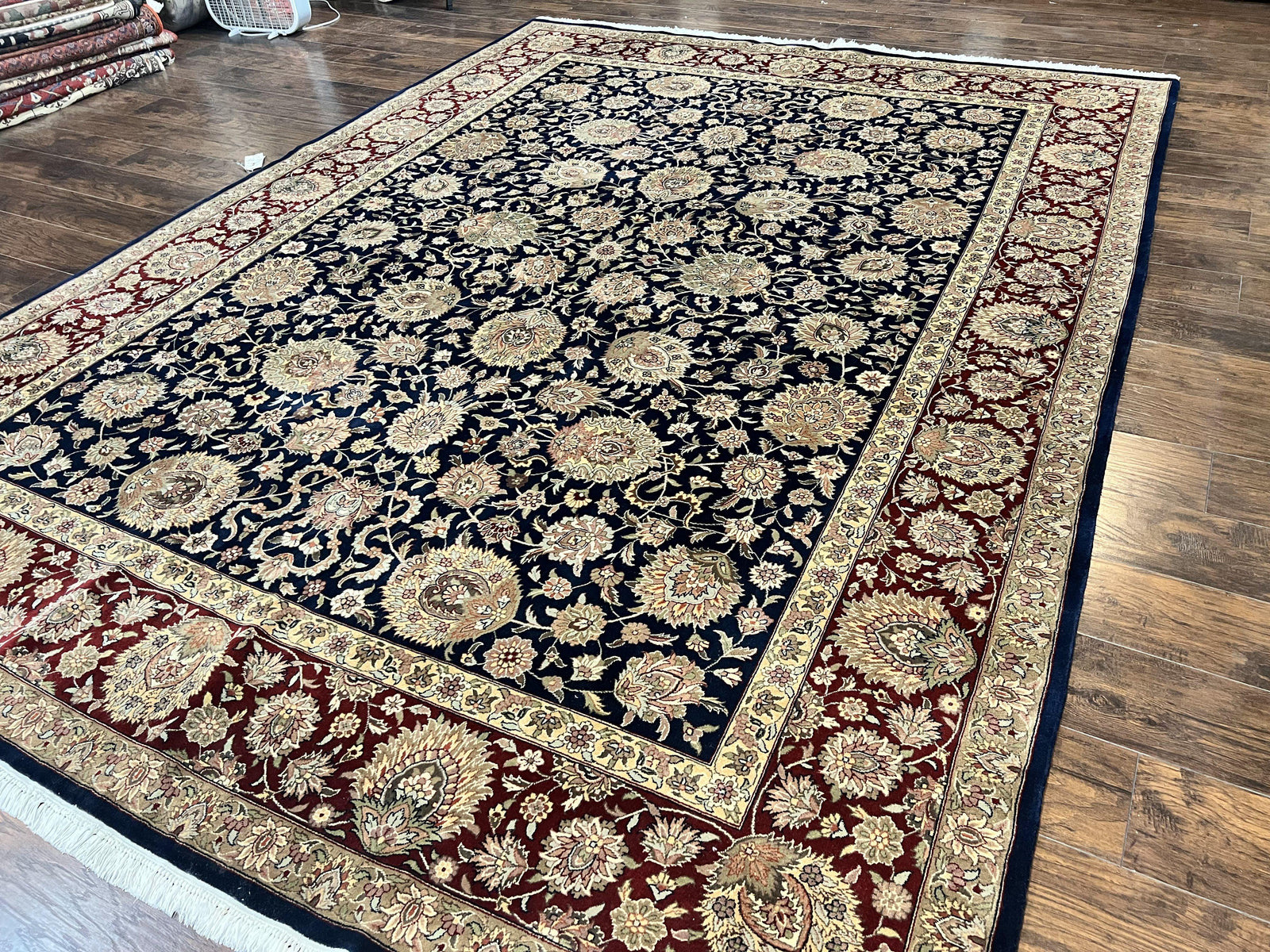 Sino Persian Rug 9x12, Wool Hand Knotted Vintage Oriental Carpet, Navy Blue Floral Allover, Traditional Room Sized 9 x 12 Rug