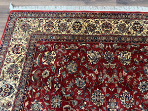 Vintage Indo Persian Rug 6x9, Very Finely Hand-Knotted Carpet 6 x 9 Red Cream Indian Oriental Carpet, Traditional Floral Wool Area Rug 1970s