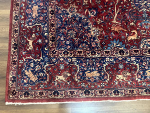 Antique Indo Persian Kerman Rug 9x12 Red Manchester Wool Animal Pictorials, Fine 290 KPSI