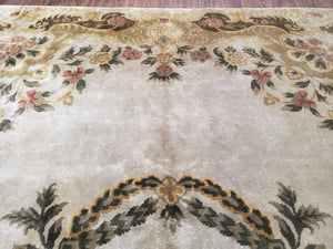 Aubusson Rug 10x14, Elegant French European Design, Vintage Handmade Carpet with Pile, Beige Floral Dining Room Rug, Living Room, Soft Wool