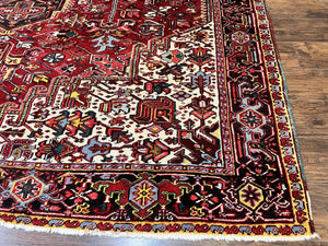 Persian Heriz Rug 10x13, Wool Hand Knotted Vintage Carpet, Geometric Medallion Tribal Oriental Rug, Red & Ivory, 10 x 13 Large Sized Rug