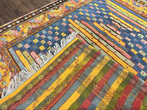 Colorful Moroccan Rug 7x8, Abstract Design, Wool Multicolor Handmade Vintage Carpet, Tribal Rug, Berber Rug