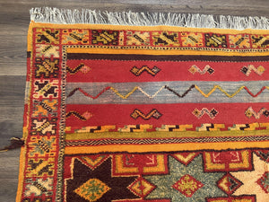 Unique Moroccan Rug 7x10, Room Sized Carpet, Red Orange Gray, Wool Oriental Striped Geometric Tribal Boho Rug, Flatweave with Raised Pile