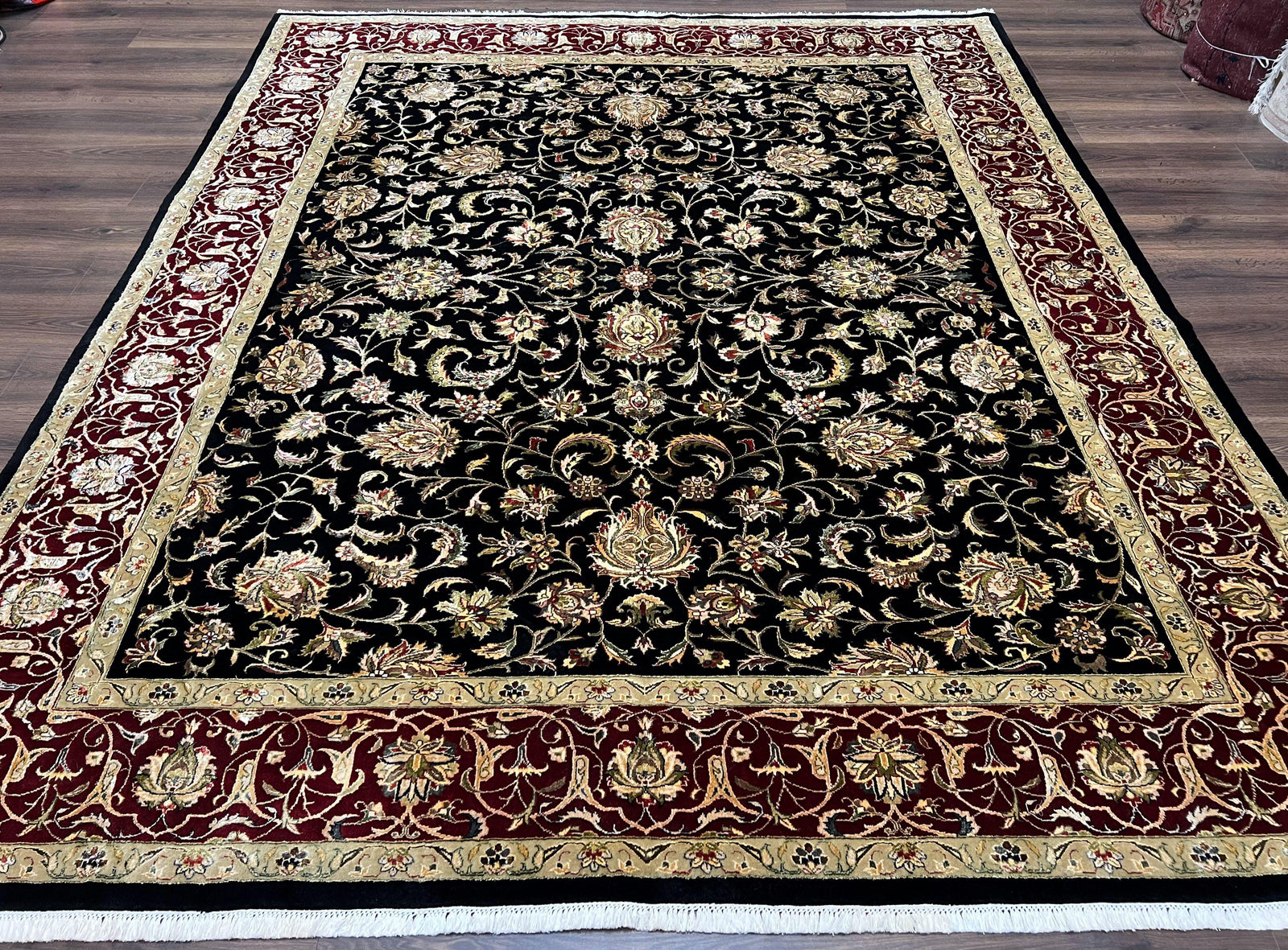 Indo Persian Rug 8x10, Black and Maroon Floral Allover Wool and Silk Oriental Carpet 8 x 10 ft, Hand Knotted Traditional Vintage Room Sized