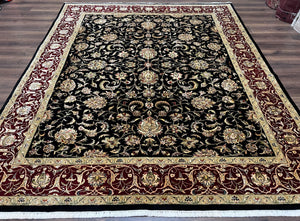 Indo Persian Rug 8x10, Black and Maroon Floral Allover Wool and Silk Oriental Carpet 8 x 10 ft, Hand Knotted Traditional Vintage Room Sized