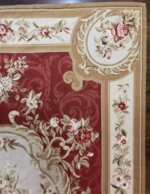 Aubusson Needlepoint Rug 5x8, Red Ivory Tan, Vintage Needlepoint Carpet 5 x 8 ft, Handmade Hand woven Wool, French European, Medium Size Rug