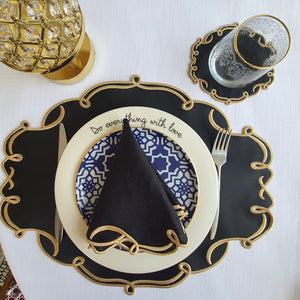 CELESTIA BLACK OVAL FAUX LEATHER PLACEMAT & NAPKIN & COASTER SET (Set Of 4)