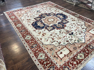 Indo Heriz Rug 9x12, Geometric Indo Persian Room Sized Decorative Area Rug 9 x 12 ft, Cream Navy Blue Pink Handmade Vintage Wool Carpet