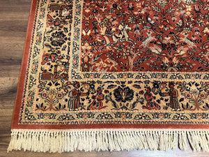 Persian Area Rug 8 x 11.6, Wool, Royal Hunting Scene, Vintage Couristan Rug, Red, Allover Pattern, Belgium Power Loomed