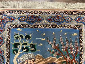 Fine Persian Isfahan Pictorial Rug 3.7 x 5, Kork Wool on Silk Foundation, Blue Persian Carpet, Hand Knotted, Humans Birds, High KPSI, Semi Antique