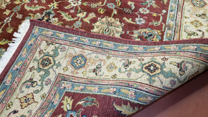 8x12 Indo-Mahal Rug, Floral Allover, Red & Beige, Wool Vintage Handmade Traditional Carpet