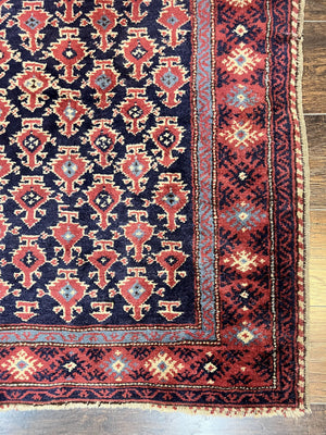 Turkish Sparta Rug 3x4, Allover Pattern, Navy Blue and Red, Antique Ispara Oriental Carpet 3 x 4, Small Turkish Handmade Vintage Wool Rug