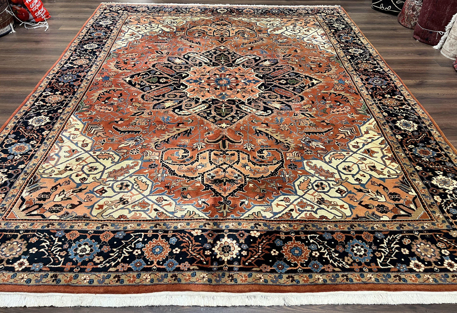 Indo Persian Heriz Rug 9x12, Geometric Medallion, Vintage Oriental Carpet, Handmade Room Sized Wool Heriz Serapi Rug, Red Navy Blue Cream