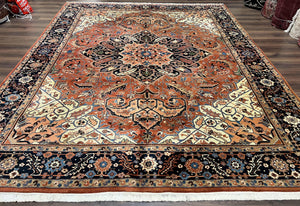 Indo Persian Heriz Rug 9x12, Geometric Medallion, Vintage Oriental Carpet, Handmade Room Sized Wool Heriz Serapi Rug, Red Navy Blue Cream