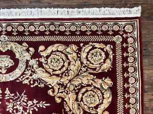 Aubusson Rug 9x12, Wool Handmade Carpet, Elegant French European Design, Dark Maroon Red, 9 x 12 Room Sized Rug, Finely Hand Knotted
