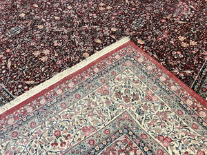 Pak Persian Rug 11x15, Wool & Silk Highlights Hand Knotted Vintage Carpet, Red Cream, Floral Allover, Oversized Kirman Rug