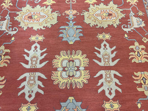 Indo Heriz Flatweave Rug 10x14, Indian Large Room Sized Carpet 10 x 14 ft, Red Green Floral Allover, Wool Handmade Vintage Oriental Rug