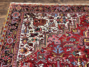 Persian Heriz Rug 10x13, Wool Hand Knotted Vintage Carpet, Geometric Medallion Tribal Oriental Rug, Red & Ivory, 10 x 13 Large Sized Rug