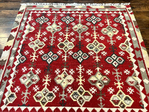 Indian Kilim Rug 6x6, Square Kilim Flatweave Carpet, Vintage Handmade Wool Rug, Red