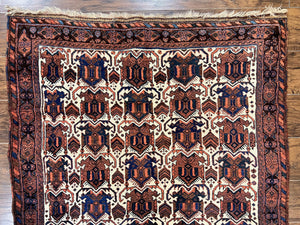Persian Afshar Rug 4x5, Repeated Motif, Ivory & Burgundy, Wool Tribal Oriental Carpet, Handmade Vintage Semi Antique Medium Sized Rug