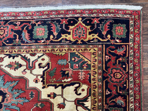Persian Heriz Serapi Rug 8 x 10.6, Geometric Medallion, Great Colors, Rare, Red Navy Blue Ivory