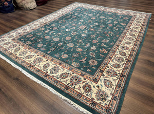 Indo Persian Rug 8x10, Green and Beige Oriental Carpet, Traditional Wool Area Rug, Floral Allover Pattern