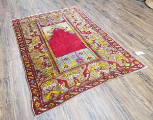 Antique Turkish Prayer Rug 3.8 x 5ft, Colorful Prayer Rug, Red Blue Gold Multicolor Turkish Anatolian Carpet, Handmade Hand-Knotted, Wool