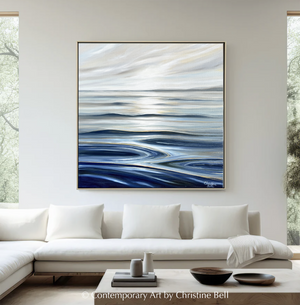 "Calm Waters II" GICLEE PRINT Coastal Seascape Painting, Navy Blue, Grey, White