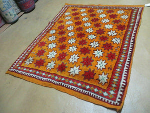 Vintage Moroccan Rug 4x5, Orange Ivory Red, Geometric Stars, Repeated Motif Allover, Hand Knotted Soft Wool Area Rug, Tribal Oriental Carpet
