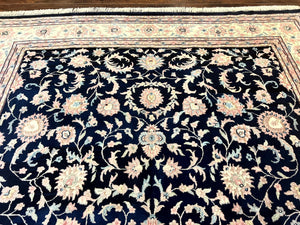 Indo Persian Rug 9x12, Navy Blue and Ivory/Cream, Floral Allover, Wool Vintage Handmade Carpet