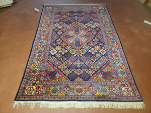 Wonderful Persian Kashan Rug 5x7, Dark Blue and Multicolor Panel Design, Wool Vintage Hand Knotted Carpet