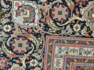 Persian Tabriz Rug 7x10, Very Fine 330 KPSI 50 Raj, Black and Beige, Handmade Wool Vintage Persian Carpet