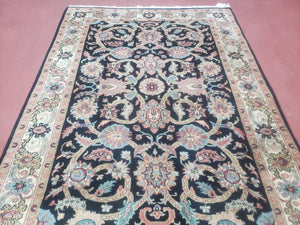 Vintage Indo Persian Mahal Area Rug 4x6, Wool Hand-Knotted Midnight Blue & Ivory Floral Design Indian Carpet, 4 x 6 Traditional Oriental Rug