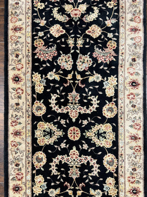 Sino Persian Short Runner Rug 2.7 x 6, Wool and Silk Highlights Black and Beige Handmade Vintage Floral Allover Oriental Carpet, Hallway Rug