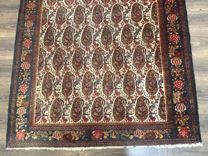 Antique Persian Kurdish Senneh Rug 4.6 x 6.5, Repeated Paisely Boteh Design, Handmade