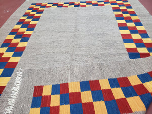 New Turkish Kilim Area Rug, Gray Carpet With Colorful Checker Border, 5'6" x 8", Flatweave Carpet, Playroom Rug, Kids Room Rug, Hand-Knotted