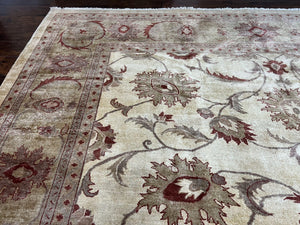 Large Peshawar Rug 11x14, Vintage Beige Chobi Carpet, Allover Floral Design, Hand Knotted, Wool, Room Sized Rug for Living Room Dining Room