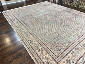 Pak Persian Rug 12x15, Wool & Silk Hand Knotted Vintage Carpet, Mahi Herati Pattern, Beige, Traditional Oversized Extra Large Oriental Rug