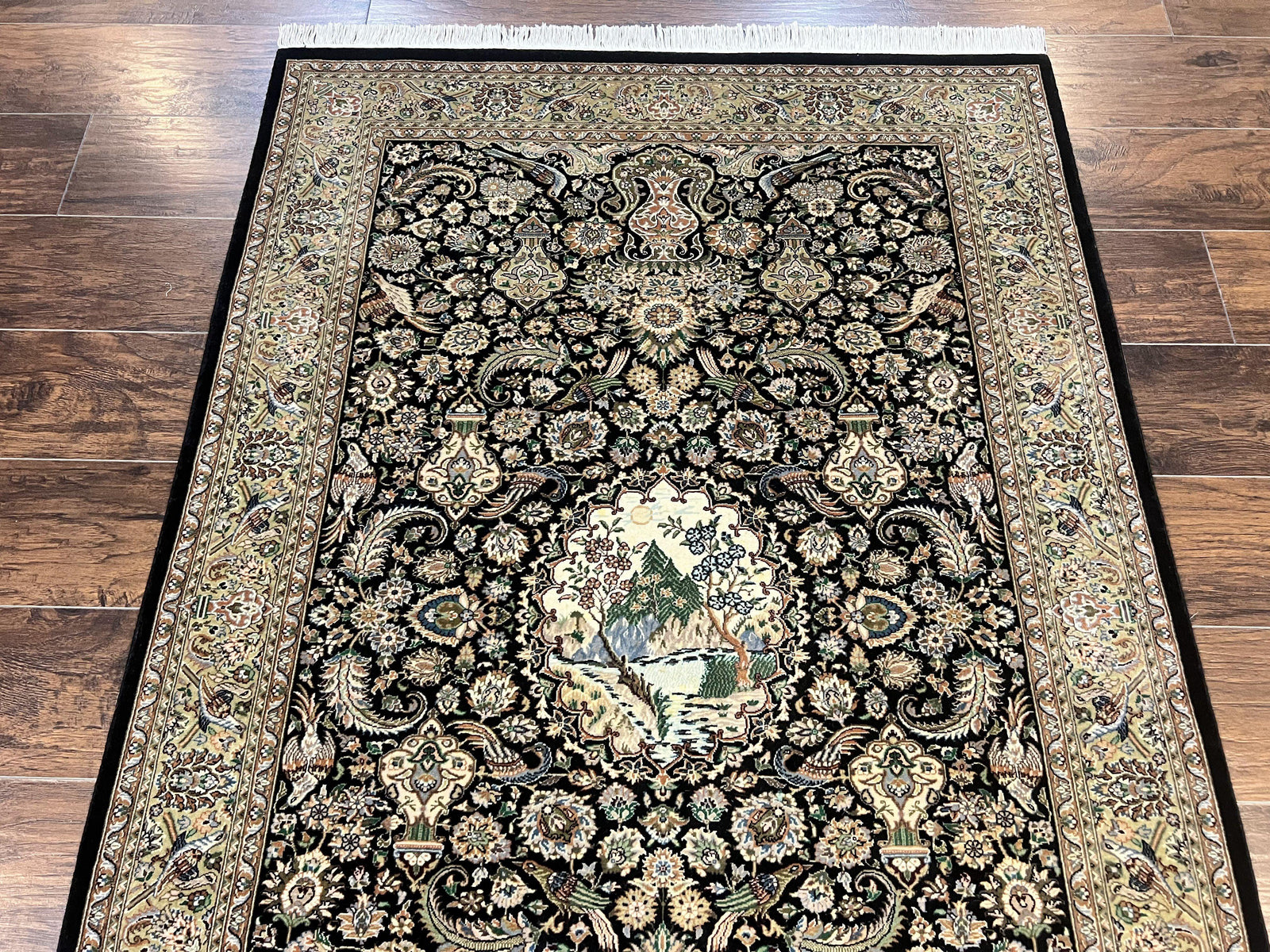 Pak Persian Rug 4x6, Wool Hand Knotted Vintage Carpet, Black & Olive Green, Bird Pictorials, Floral Fine Oriental Rug