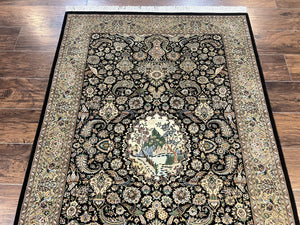 Pak Persian Rug 4x6, Wool Hand Knotted Vintage Carpet, Black & Olive Green, Bird Pictorials, Floral Fine Oriental Rug