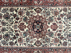 Sino Persian Rug 3x6, Short Runner Rug, Floral Medallion, Beige and Salmon Red, Wool Vintage Hand Knotted Fine Oriental Carpet 3 x 6 ft