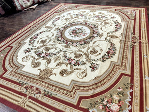 Aubusson Needlepoint Rug 9x11, Handmade Vintage Wool Flatweave Carpet, Elegant European Rug, Floral, Cream