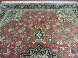 Persian Tabriz Rug 7x10, Floral Medallion Finely Hand Knotted Vintage Authentic Oriental Carpet 7 x 10, Salmon Color, 400 KPSI Elegant, Wool & Silk