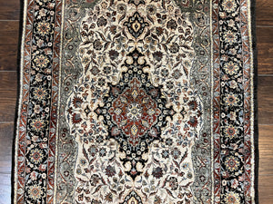 Silk Sino Persian Rug 3x5, Floral Medallion, Hand Knotted Silk Pile Silk Foundation, Traditional Silk Handmade Oriental Carpet, Cream Black