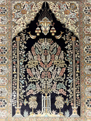 Wonderful Sino Persian Silk Rug 4x6, Tree of LIfe Design, Masterpiece 575 KPSI, Birds, Prayer Rug, Black, Silk on Silk