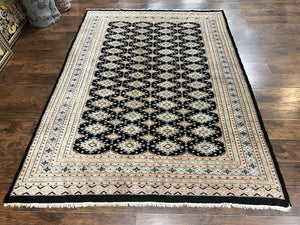Pakistani Bokhara Rug 6x9, Hand Knotted Vintage Wool Carpet with Silk Highlights, Very Fine 320 KPSI, Medium Size