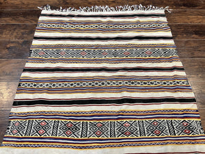 South American Kilim Rug 4x7 ft, Wool Handmade Vintage Carpet, Ivory Black Multicolor Stripes, Bohemian Blanket Rug, Flatweave Area Rug
